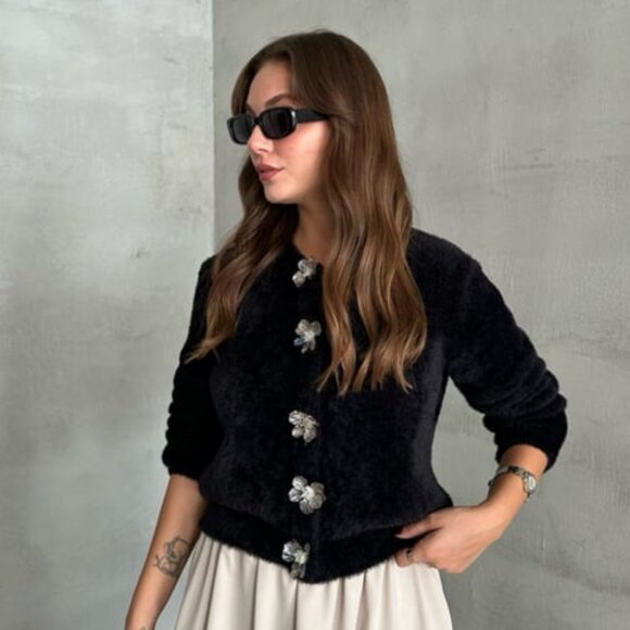 Zara Flower Button Faux Fur Fuzzy Knit Cardigan Black Size S - Picture 1 of 8